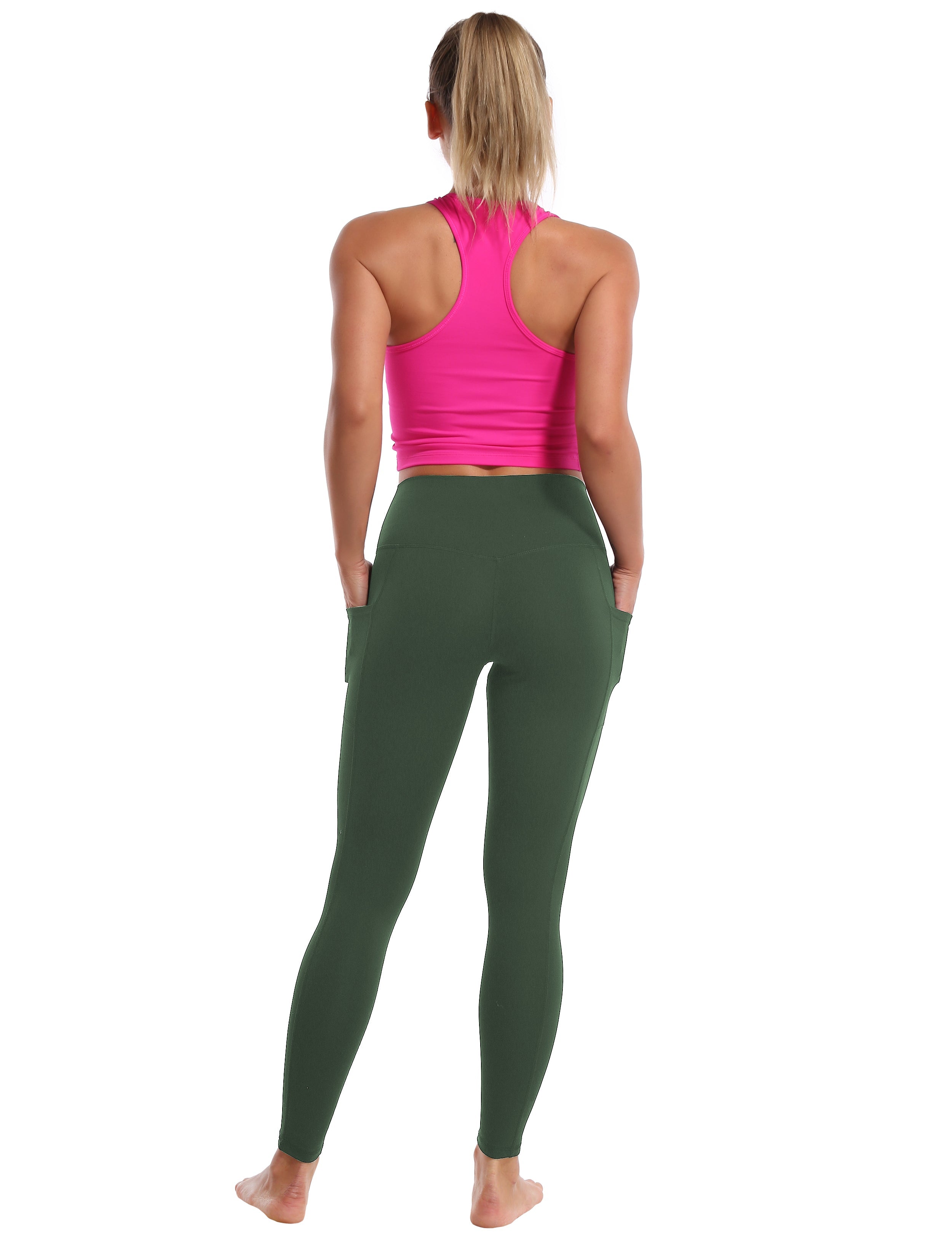 High Waisted Gym Pants 7/8 Length Leggings with Pockets olivegreen_Gym