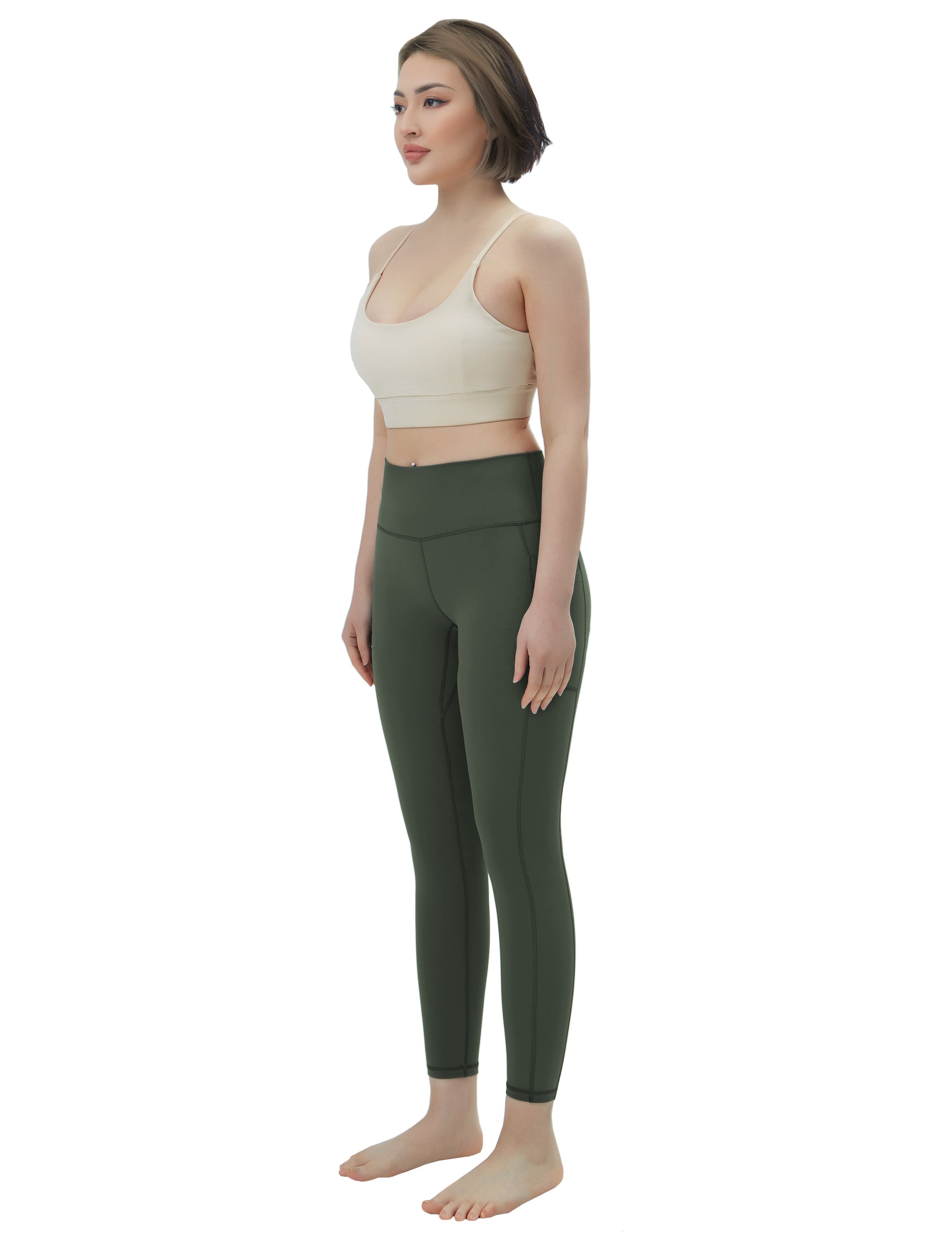High Waisted Gym Pants 7/8 Length Leggings with Pockets olivegreen_Gym