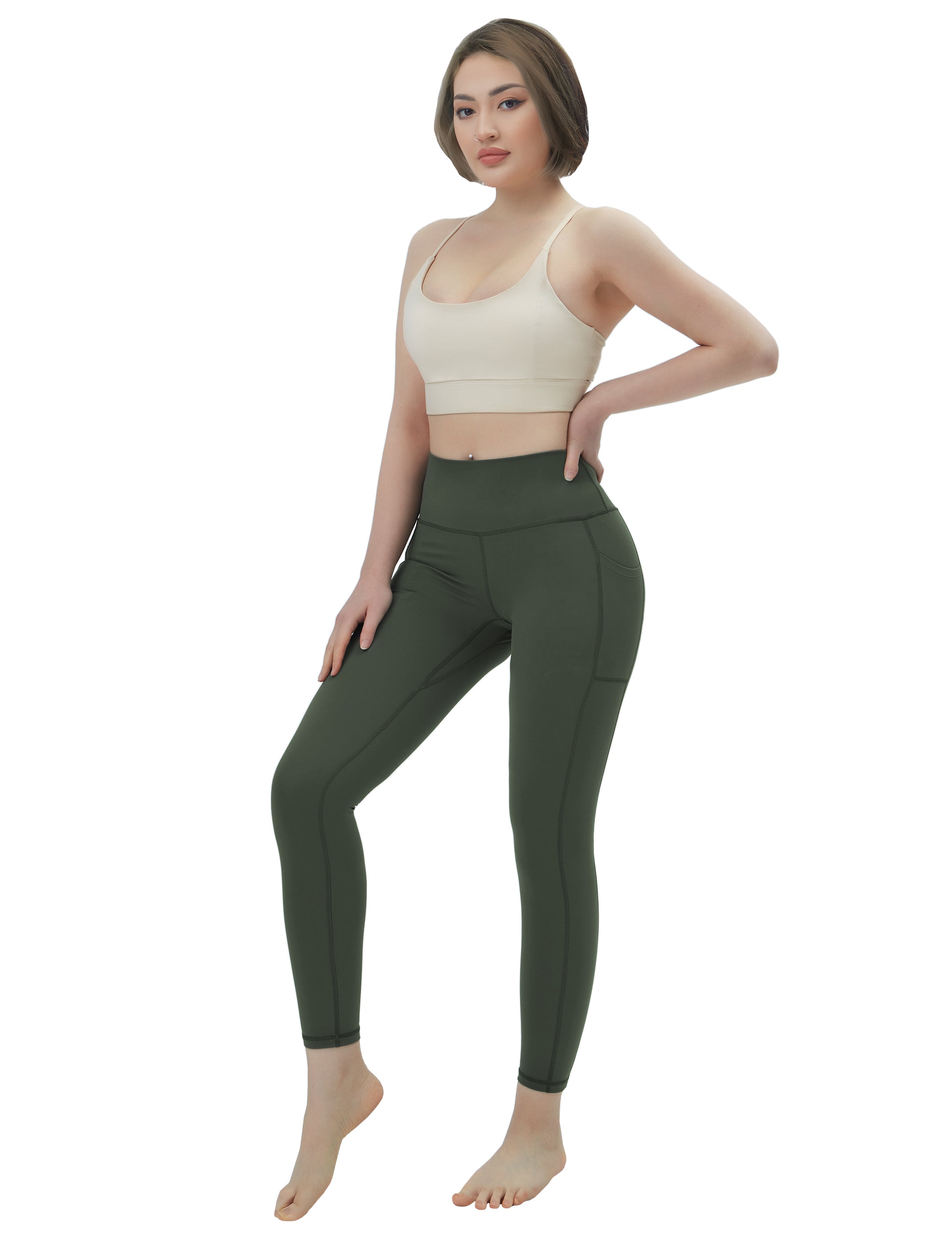 High Waisted Yoga Pants 7/8 Length Leggings with Pockets olivegreen