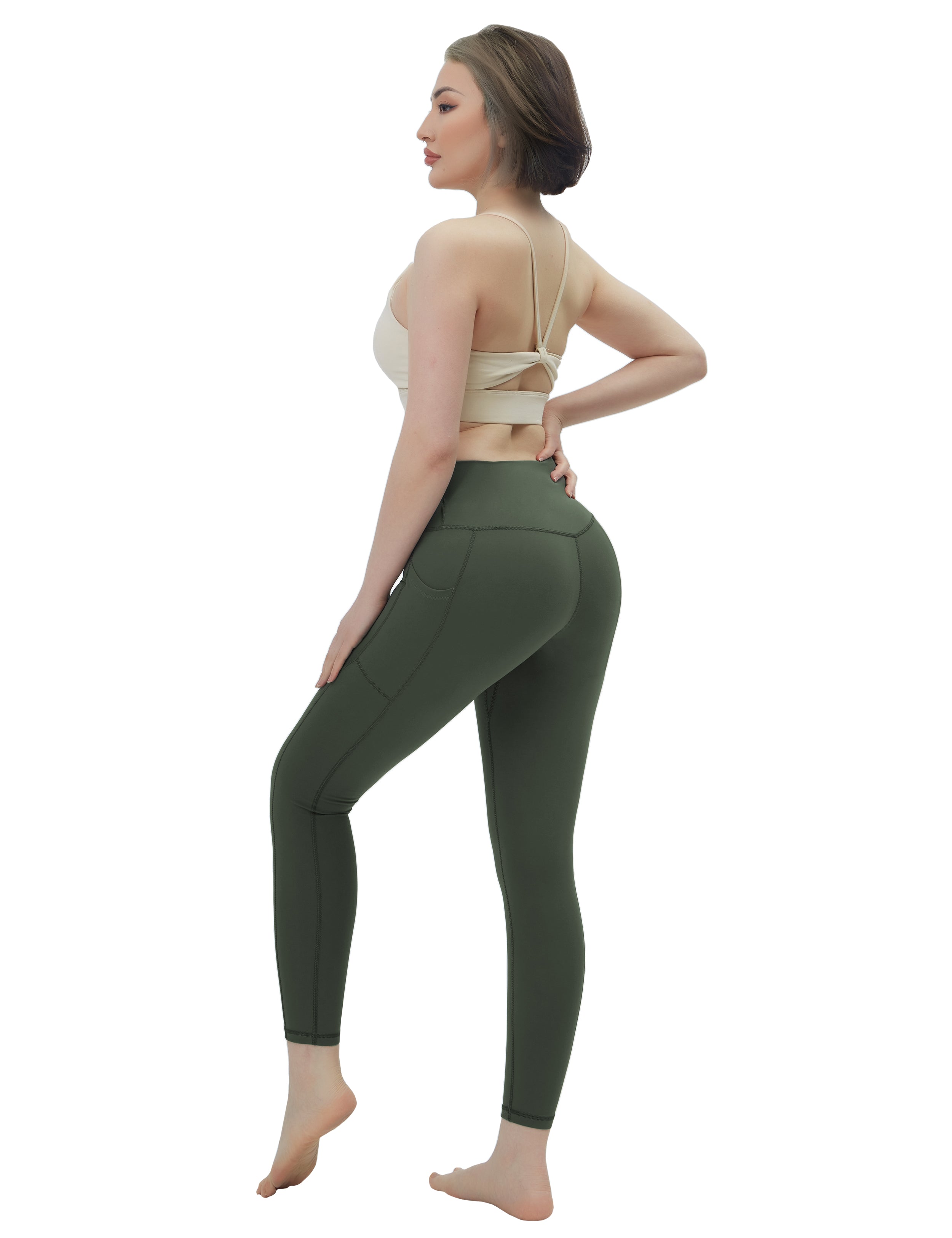 High Waisted Tall Size Pants 7/8 Length Leggings with Pockets olivegreen_Tall Size