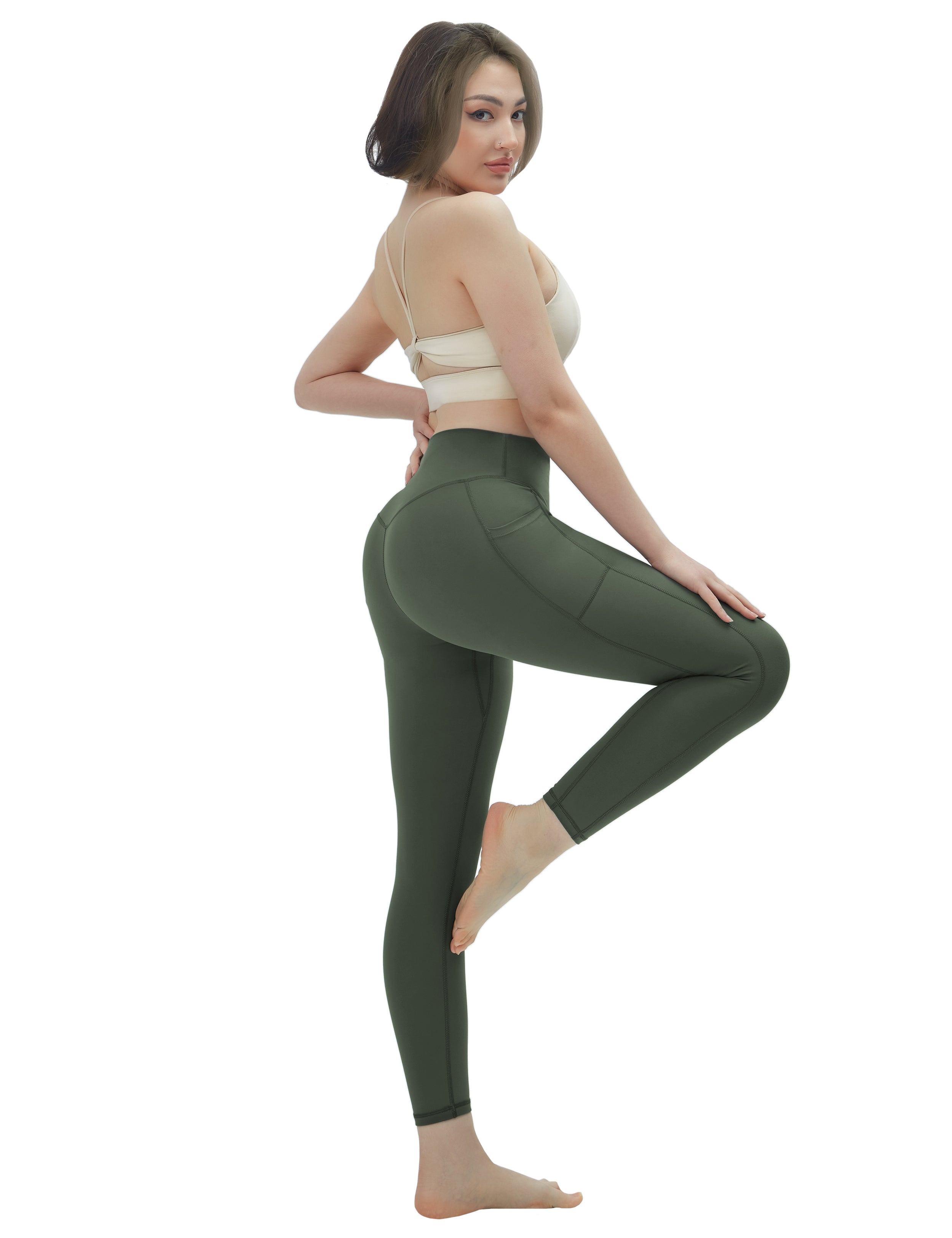 High Waisted Plus Size Pants 7/8 Length Leggings with Pockets olivegreen_Plus Size