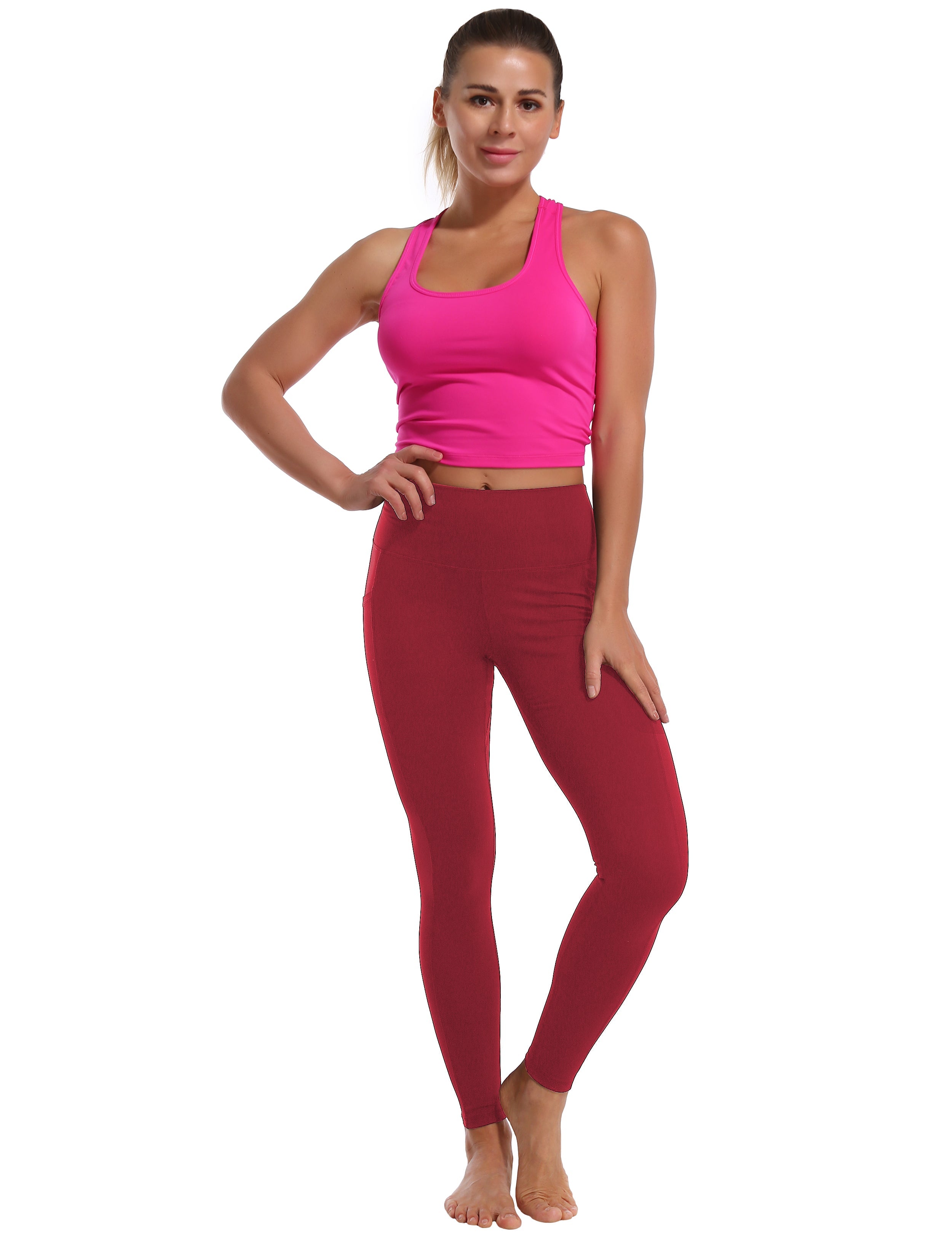 High Waisted Gym Pants 7/8 Length Leggings with Pockets red_Gym