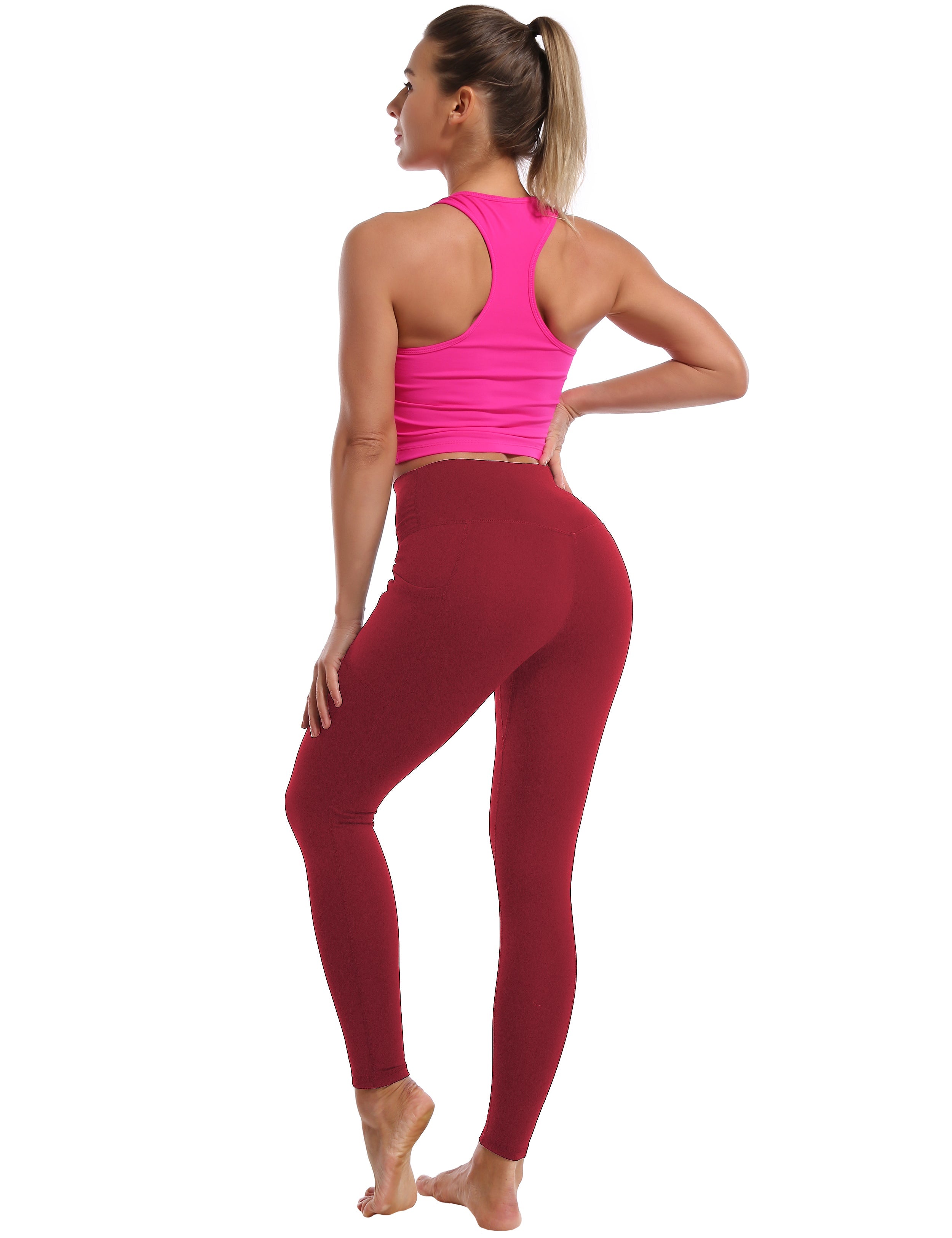 High Waisted Running Pants 7/8 Length Leggings with Pockets red_Running