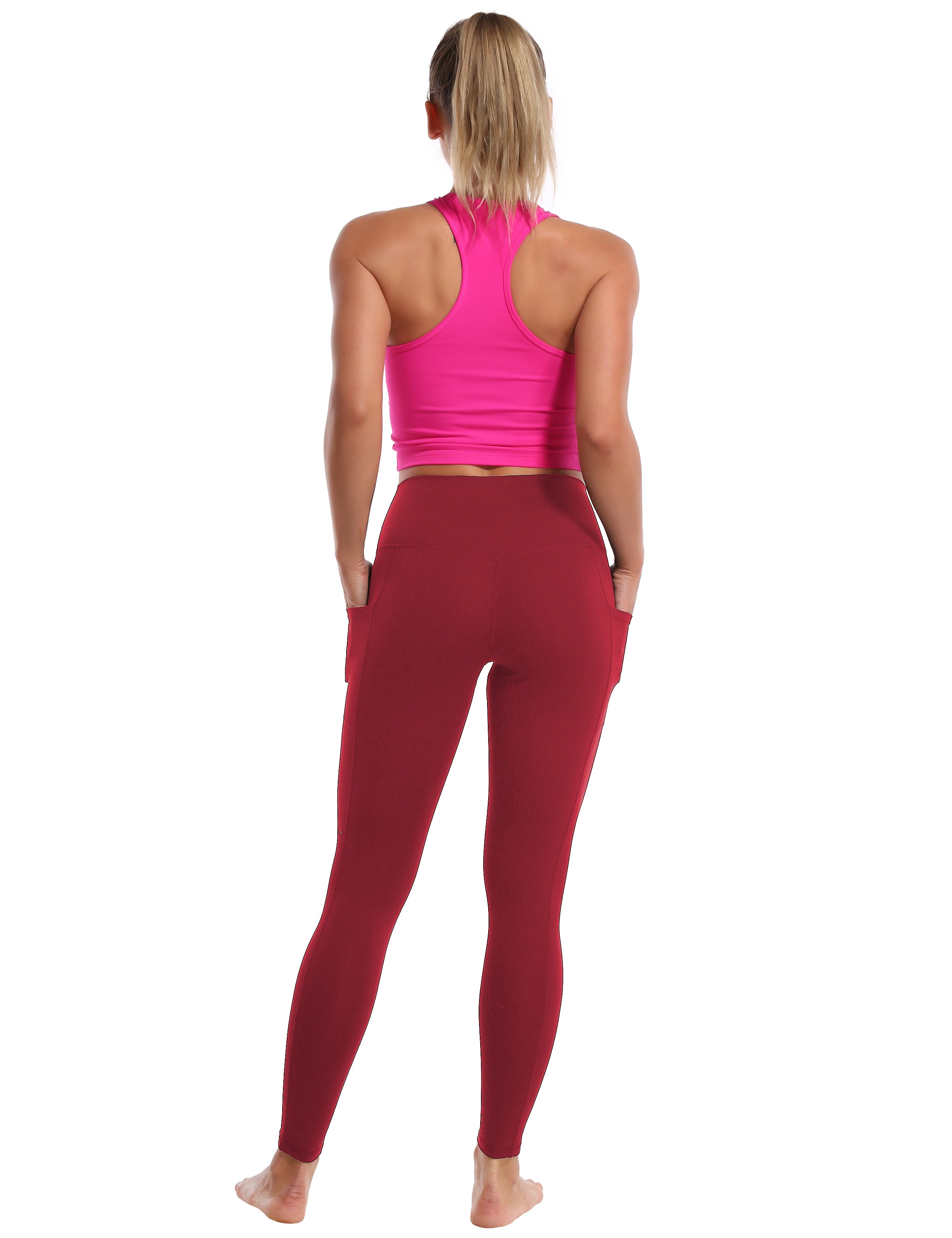 High Waisted Yoga Pants 7/8 Length Leggings with Pockets red