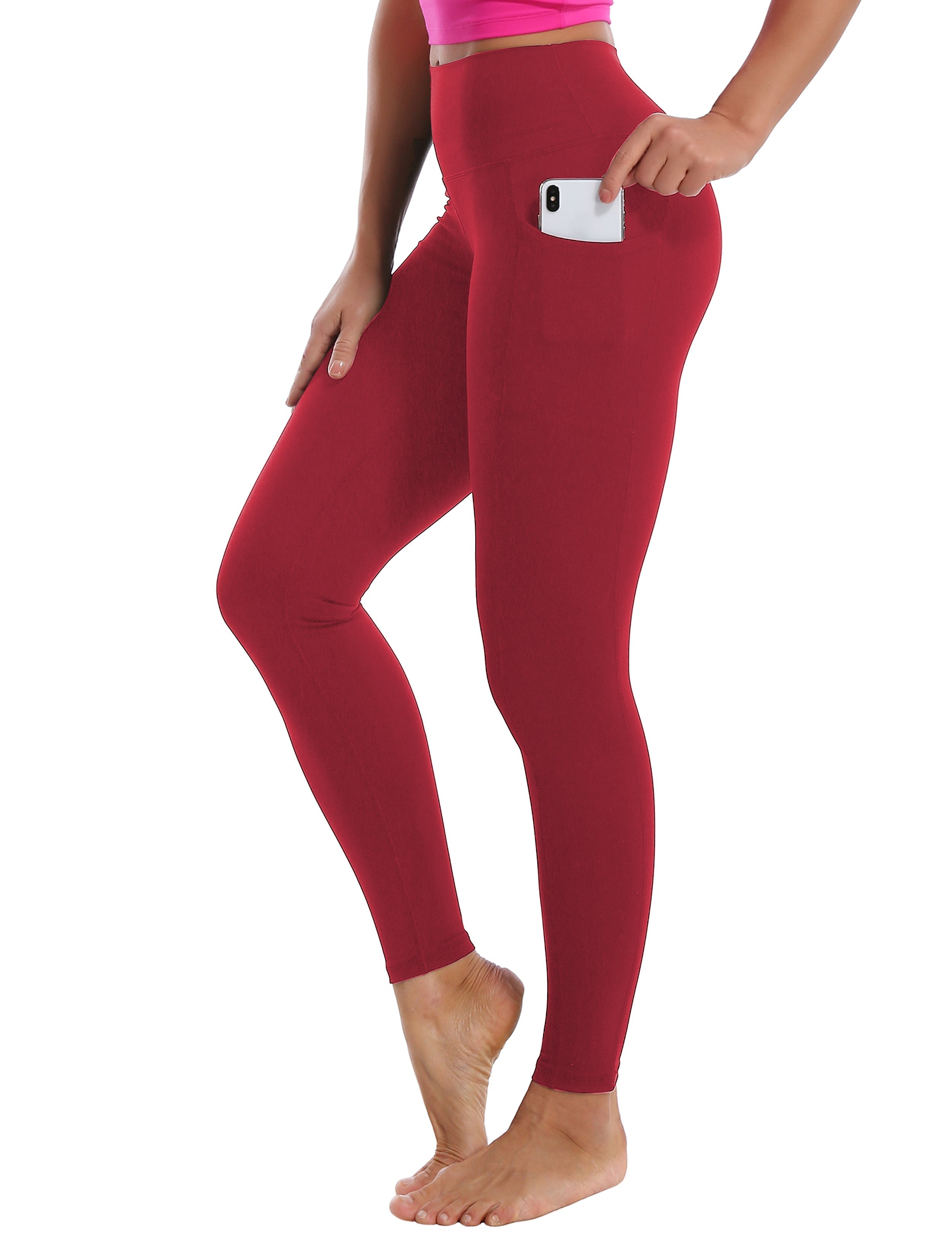 High Waisted Plus Size Pants 7/8 Length Leggings with Pockets red_Plus Size