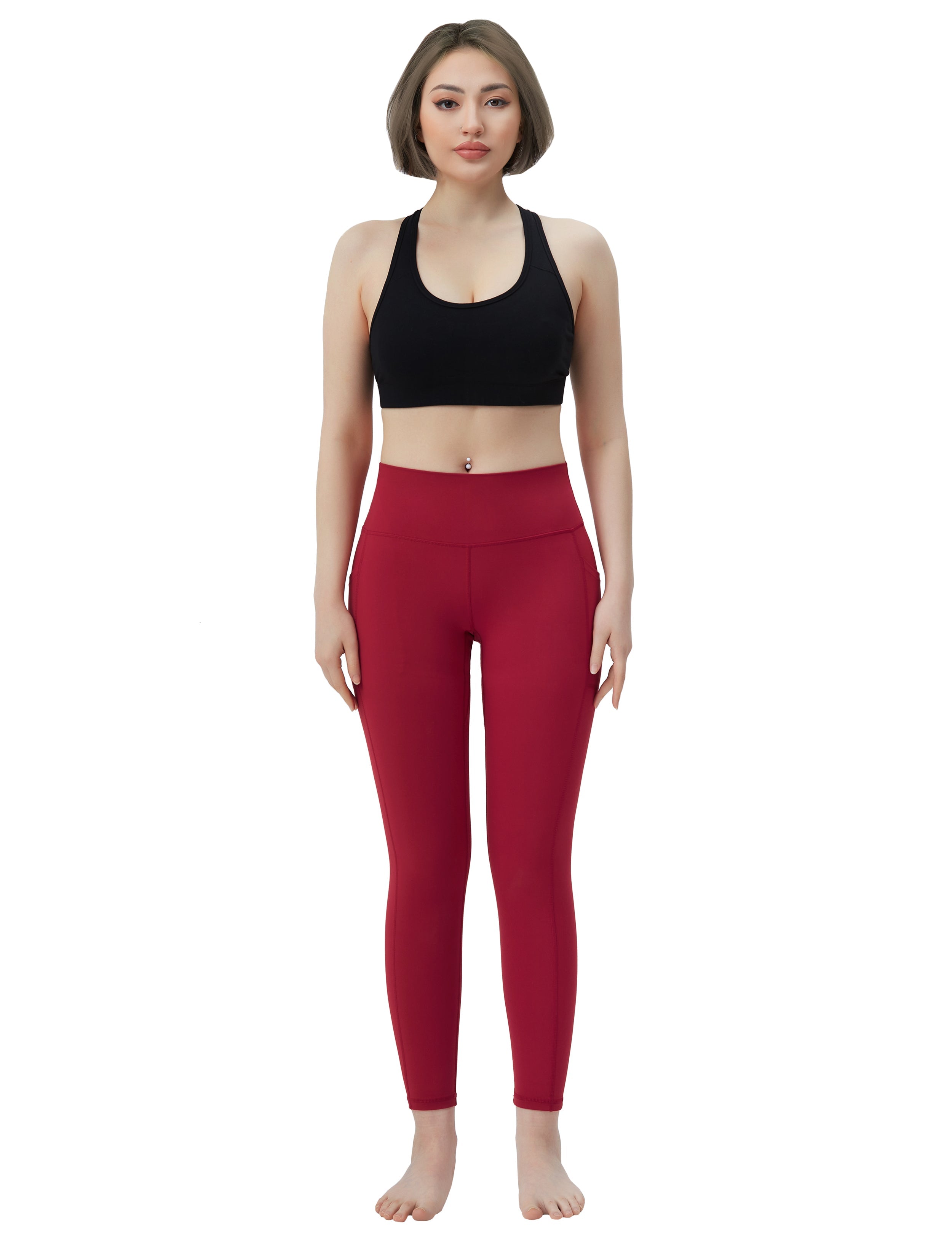 High Waisted Tall Size Pants 7/8 Length Leggings with Pockets red_Tall Size