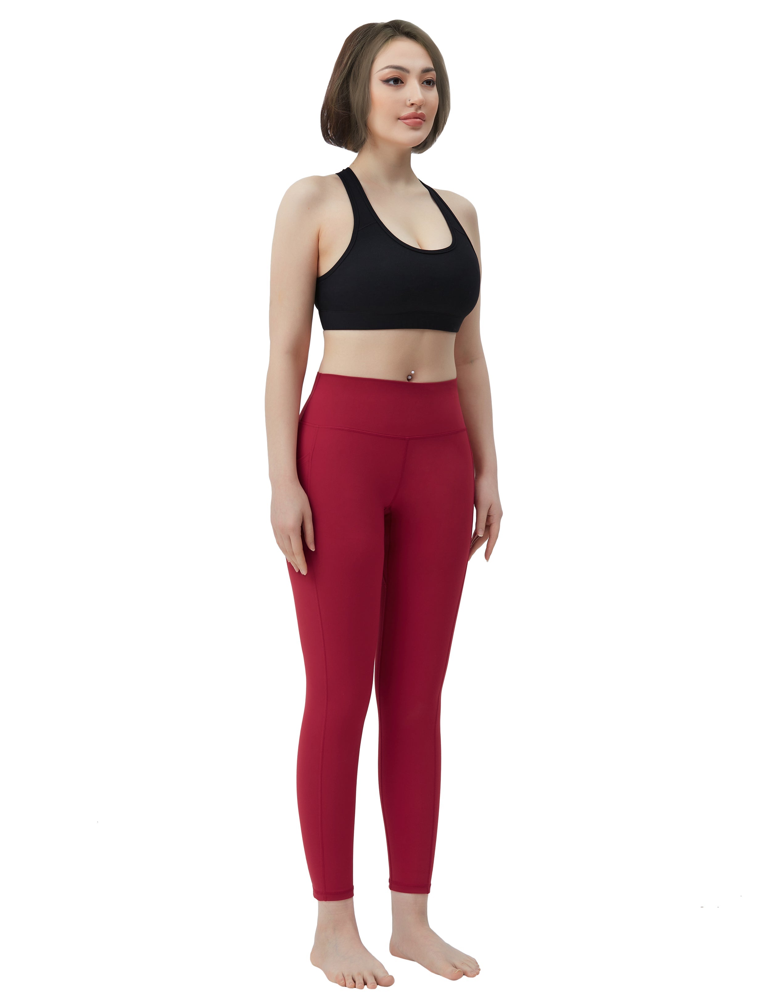 High Waisted Yoga Pants 7/8 Length Leggings with Pockets red_yoga