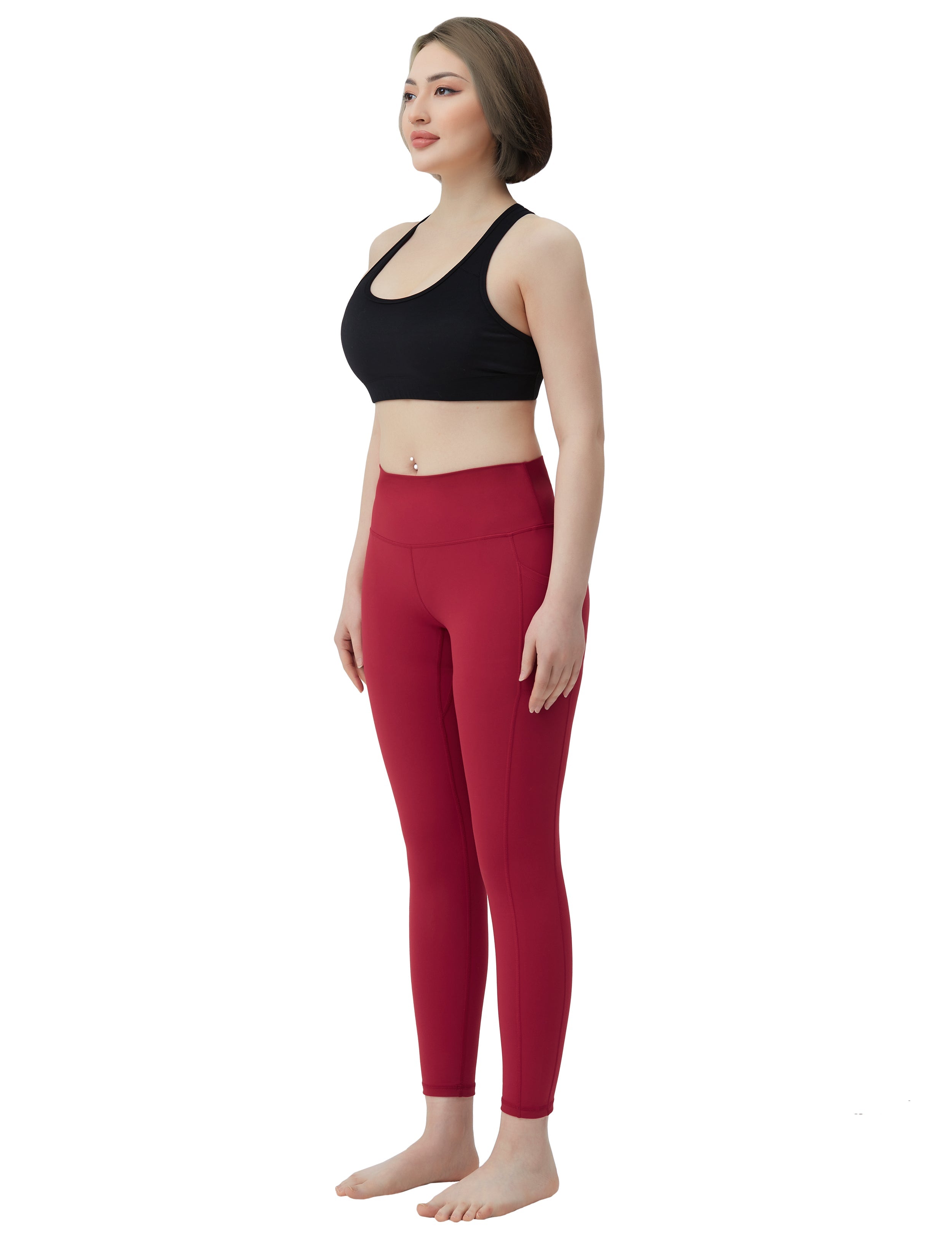 High Waisted Plus Size Pants 7/8 Length Leggings with Pockets red_Plus Size