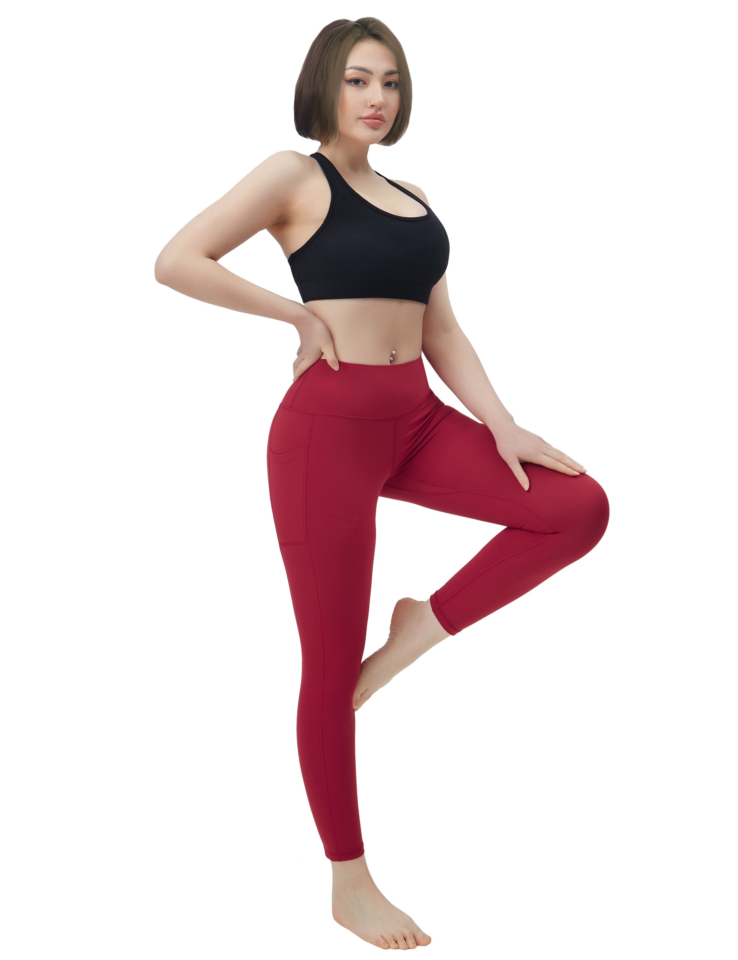 High Waisted Gym Pants 7/8 Length Leggings with Pockets red_Gym