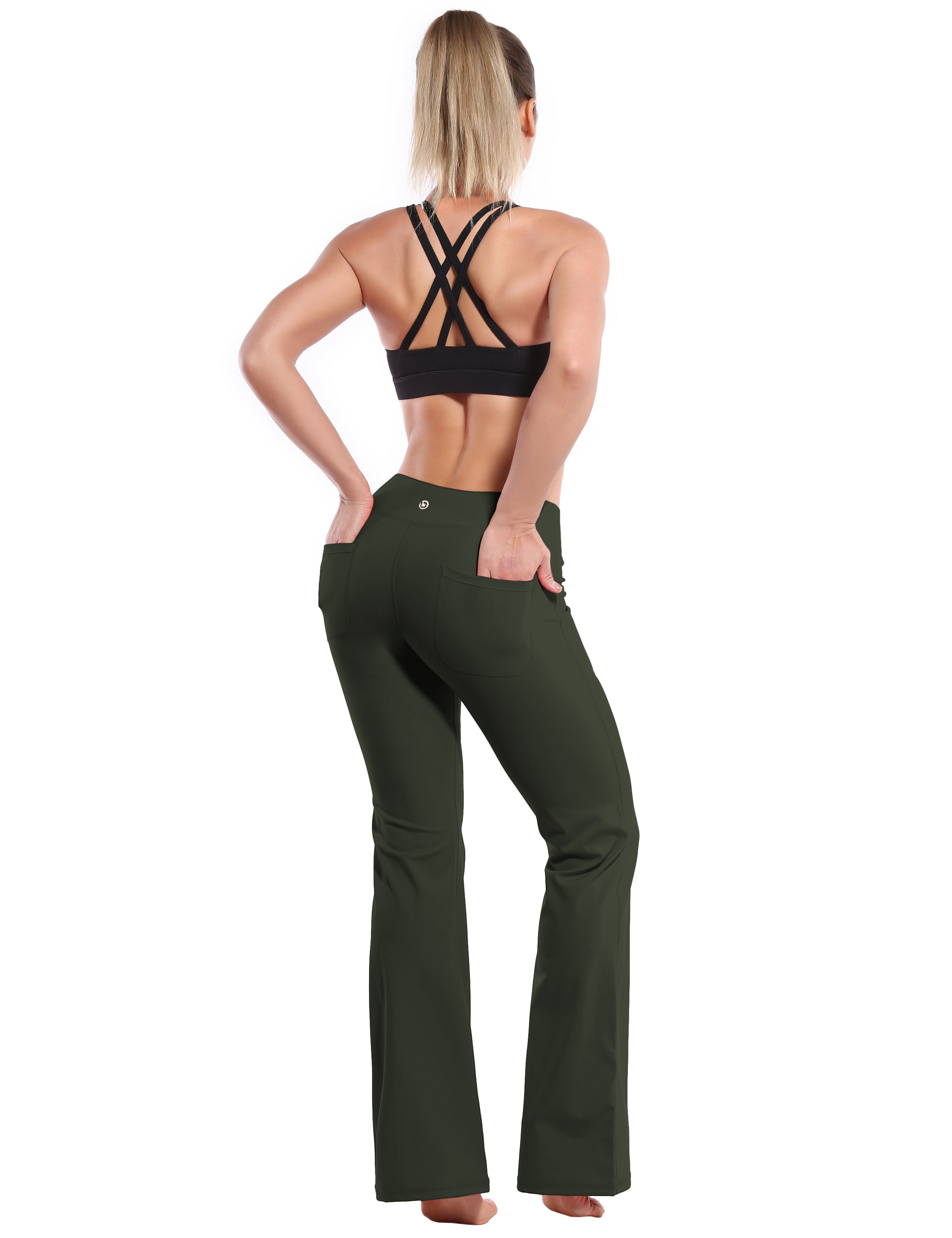 4 Pockets Bootcut Leggings olivegray 75%Nylon/25%Spandex Fabric doesn't attract lint easily 4-way stretch No see-through Moisture-wicking Inner pocket Four lengths