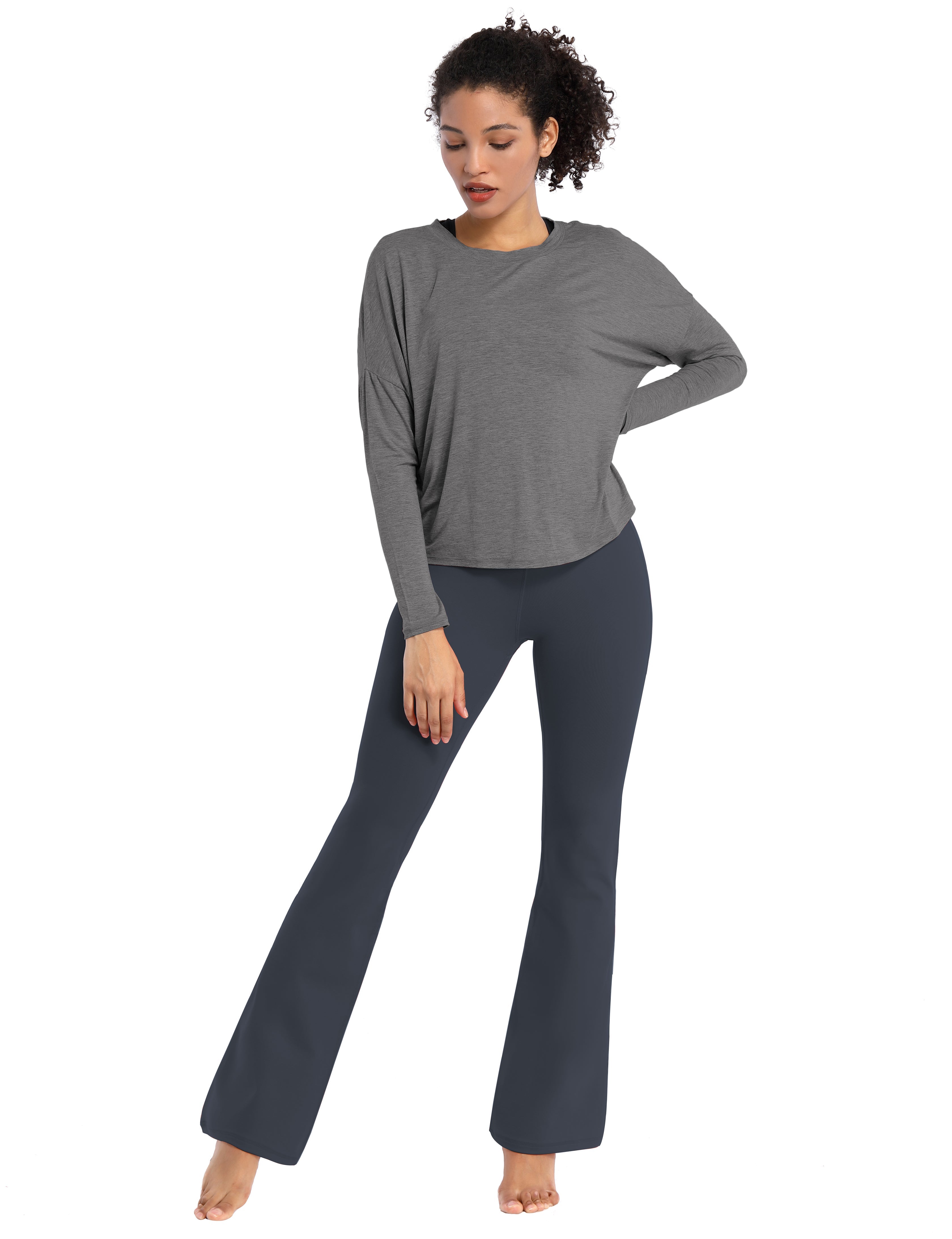 Cotton Nylon Bootcut Leggings shadowcharcoal 87%Nylon/13%Spandex (Super soft, cotton feel , 280gsm) Fabric doesn't attract lint easily 4-way stretch No see-through Moisture-wicking Inner pocket Four lengths