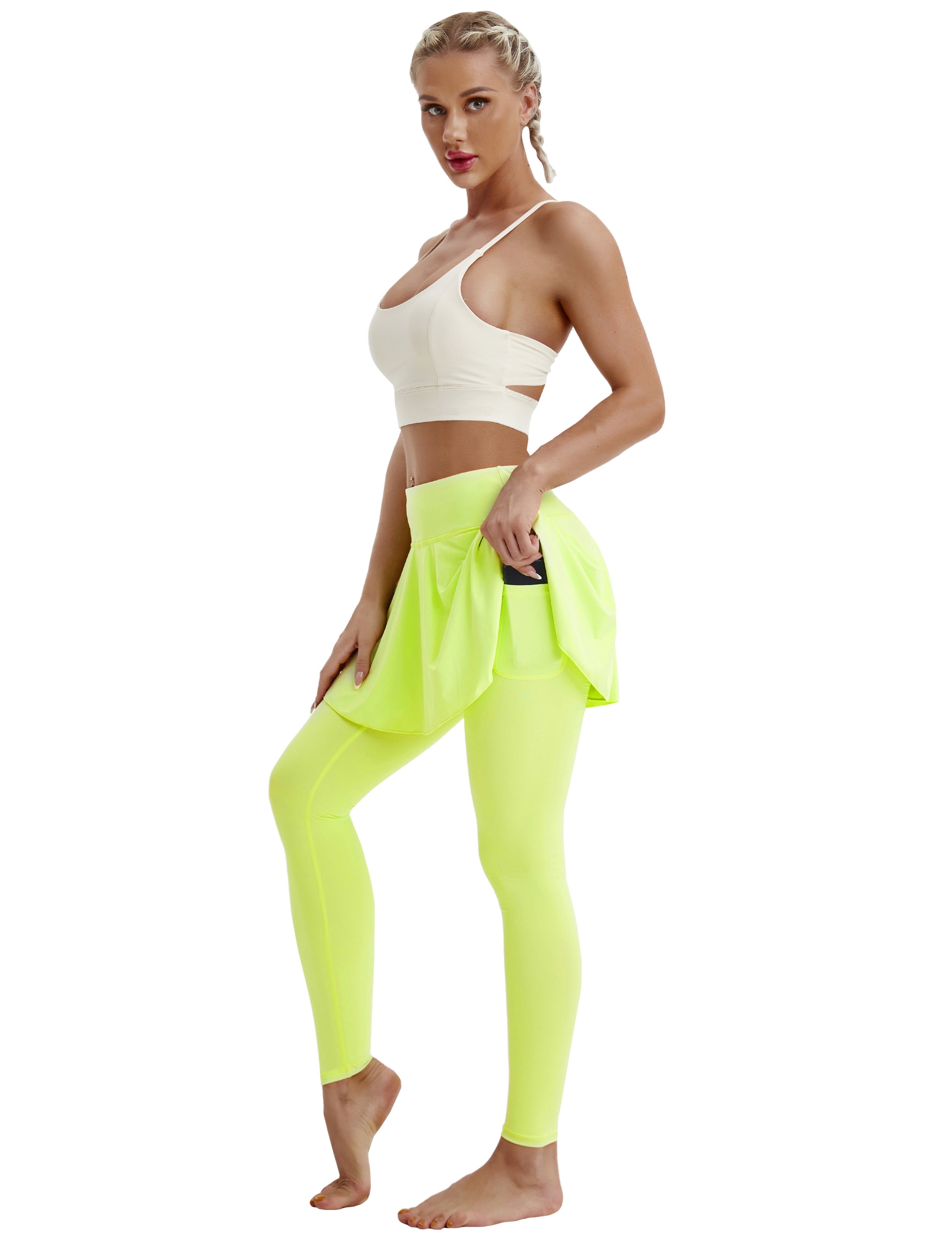 Athletic Tennis Golf Skort with Pocket Shorts neonyellow 80%Nylon/20%Spandex UPF 50+ sun protection Elastic closure Lightweight, Wrinkle Moisture wicking Quick drying Secure & comfortable two layer Hidden pocket
