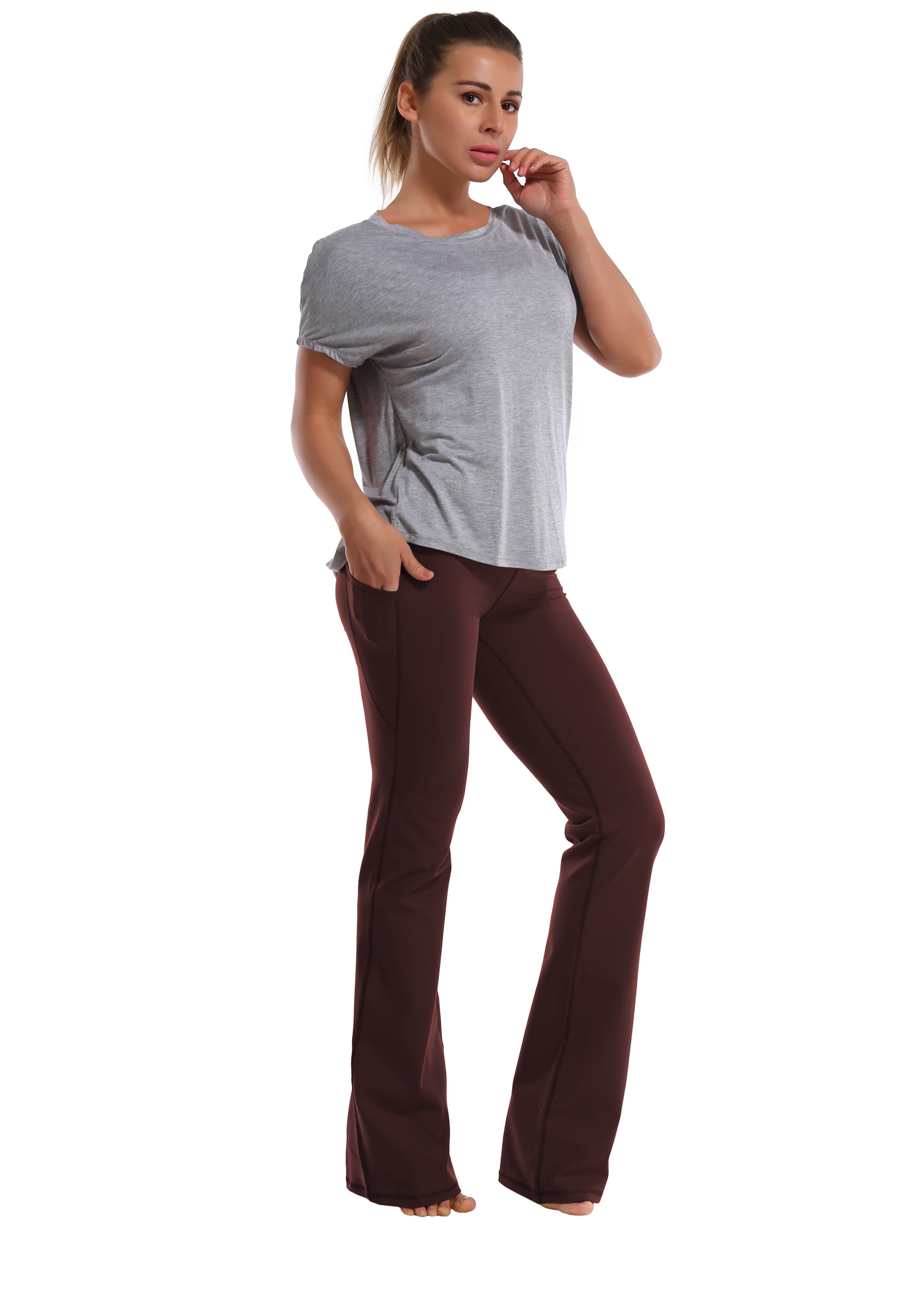 139 Side Pockets Bootcut Leggings mahoganymaroon 87%Nylon/13%Spandex Fabric doesn't attract lint easily 4-way stretch No see-through Moisture-wicking Tummy control Inner pocket Four lengths