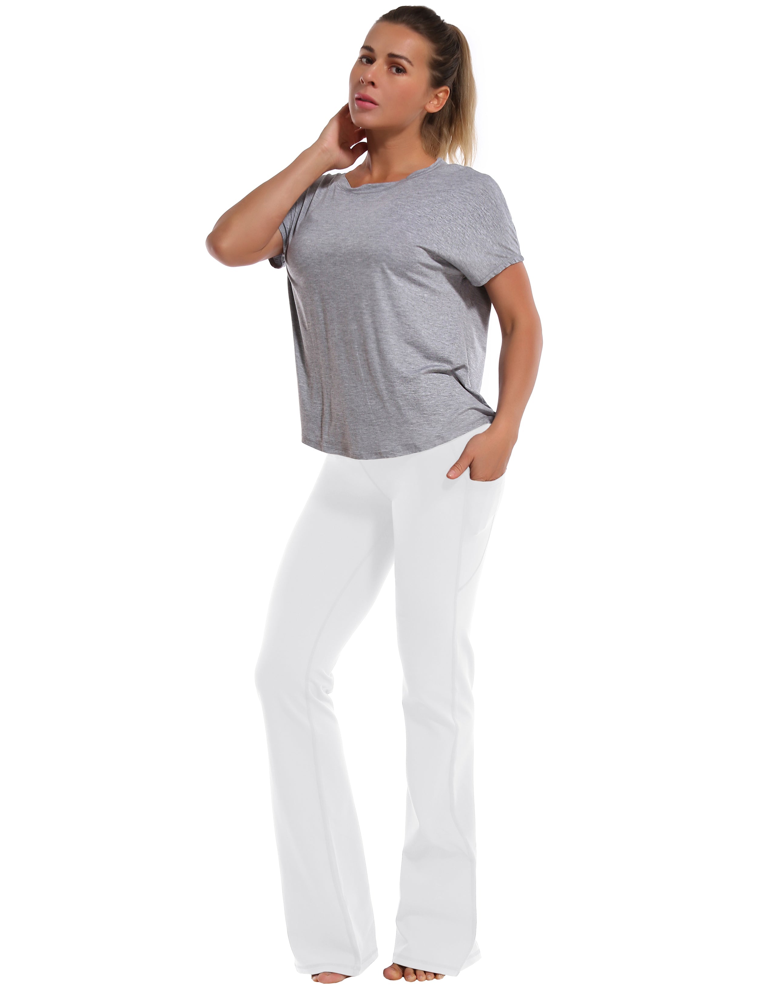 139 Side Pockets Bootcut Leggings white 87%Nylon/13%Spandex Fabric doesn't attract lint easily 4-way stretch No see-through Moisture-wicking Tummy control Inner pocket Four lengths